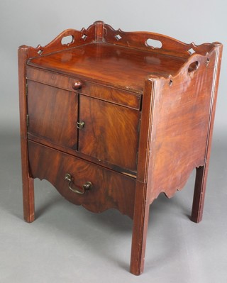 A Georgian mahogany tray top commode fitted a drawer above a cupboard, the base fitted 1 long drawer on square tapered supports 28"h x 21 1/2"w x 18" 