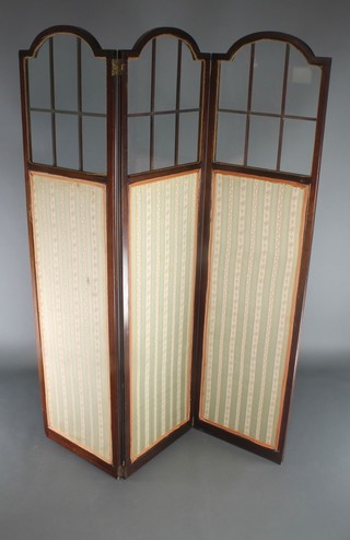 An Edwardian mahogany arch shaped 3 fold draft screen 70 1/2"h x 72"w 