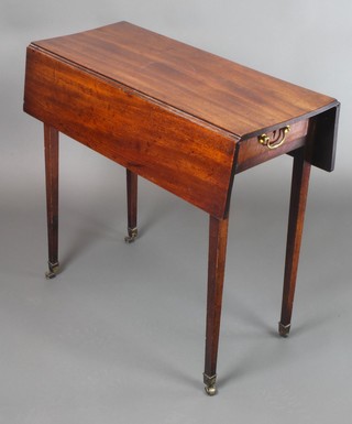 A 19th Century mahogany Pembroke table fitted 2 frieze drawers with brass swan neck drop handles, raised on square tapering supports, brass caps and casters 29"h x 21"w x 13" when closed by 28" when open 