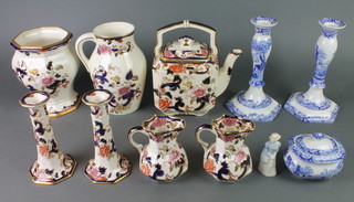 A modern Masons ironstone teapot, jug, vase, pair of candlesticks and 2 jugs, minor china