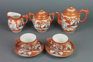 A Kutani tea set comprising teapot, sugar bowl, lidded cream jug, 2 cups and 2 saucers decorated with panels of figures in pavilion settings 
