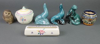 A Poole matt glazed figure of an owl, 3 turquoise glazed Poole animals, a vase, pot and cover and a Doulton style pot