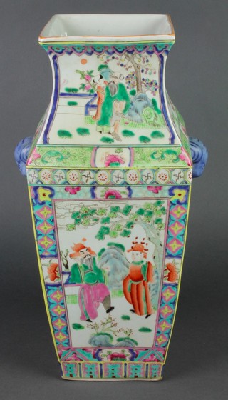 An 18th Century famille rose style square tapered vase decorated with figures in garden landscapes 16" 