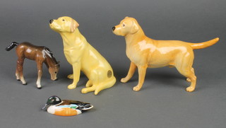 A John Beswick figure of a seated Labrador 6", boxed, a Beswick figure of a standing Labrador 8 1/2", ditto foal 4" and a duck 2 1/2" 