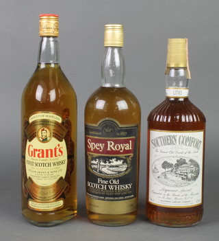 A 1 litre of Grants Scots Whisky, a 1 litre bottle of Spey Royal Scots Whisky and a 1 litre bottle of Southern Comfort 