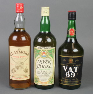 A 1 litre bottle of VAT 69 Whisky, a 1 litre bottle of Inverhouse Green Plad Scots Whisky and a 1 litre bottle of Claymore Scots whisky
