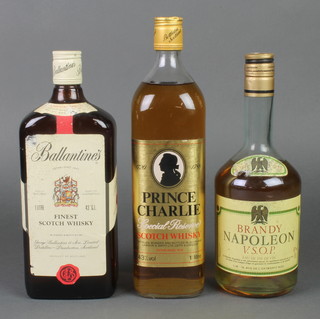 A 1 litre bottle of Ballantine's fine scots whisky, a 1 litre bottle of Prince Charlie Special Reserve Scots Whisky and a 70cl bottle of Brandy Napoleon 