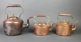 A 19th Century circular copper kettle 7" together with 2 other copper kettles