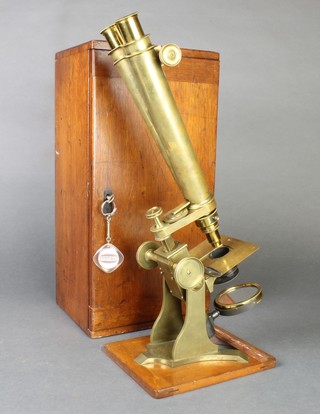 Barker of 244 High Holborn, a 19th Century brass binocular microscope, complete with mahogany carrying case 