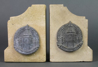 A pair of stone and lead bookends formed from sections of the House of Parliament, dated London 1940 6" x 4 1/2" 