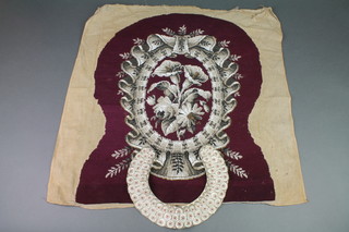 A Liberty embroidered silver wire and hardstone crescent shaped collar 9", the reverse with label marked handmade in India for Liberty of London, together with a Victorian bead work panel decorated an oval plaque and lilies 24" x 19" 