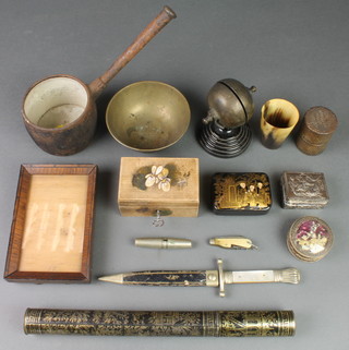A steel poignard with a 4 1/2" blade, a horn beaker, table bell, small iron saucepan, lacquered snuff box, Japanned needle case and other sundries 