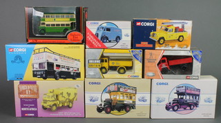 A collection of 9 various Corgi vehicles including 33501 Corgi Classic Guide Friday Bus, 3 Corgi Classic commercial vehicles 96986 and 96996, ditto WW2 Desert Campaign North Africa CC60303, Fire Support vehicle 07106, a cement lorry, ditto London Brick, Corgi Classic Morris J Van 96888 and an exclusive first edition model of a Southdown Bus 26306