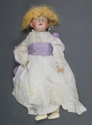 A 19th Century German biscuit porcelain headed doll with open and shutting eyes, open mouth and teeth, head incised 385/235 1A96 Handwerck Germany, with articulated body 20" together with a biscuit porcelain headed doll with open eyes, mouth and teeth and articulated body 15" 