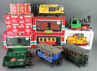 A Lehmann large gauge locomotive, boxed, 1 other unboxed and a quantity of LGB rolling stock 