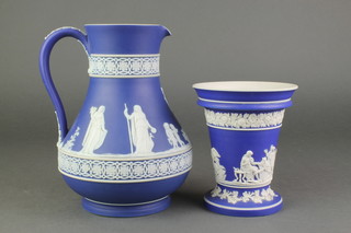 A 19th Century Wedgwood Jasper jug decorated with classical figures 7 1/2", a ditto tapered vase 6" 