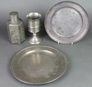 A Chinese hexagonal pewter caddy, base marked Kut Hing Pewter Swatow 6 1/2"h, a pewter goblet, 2 pewter plates 9 1/2" and 8 1/2" 