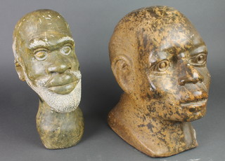 An African carved hardstone portrait bust of a gentleman 12" (slight chip to base) and 1 other 11" 