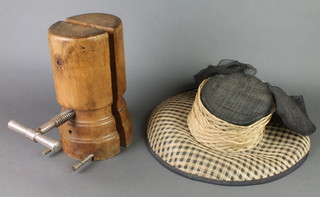 A 19th/20th Century adjustable French hat block together with a lady's hat