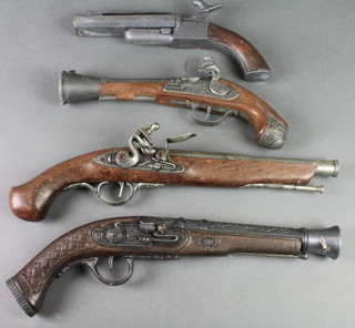 3 reproduction flintlock pistols, a percussion lock and a ditto percussion 