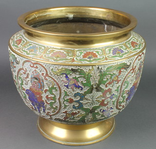 A large and impressive 19th Century Chinese gilt, bronze and enamelled jardiniere, decorated figures, raised on a circular base 14 1/2"h (hole to base) 