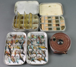 2 Wheatley aluminium fly boxes and contents, 1 other fly box, a Milwards fly master centrepin fishing reel 3 1/2" 
