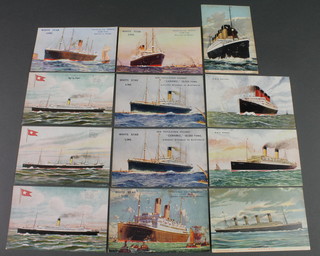 12 various White Star Line postcards, 3 by JWB Megantic, The Princess Suevic, 2 x The Ceramic, The Albertic, The Presic, White Star RMS Olympic x 2, Aquitania and The Homeric