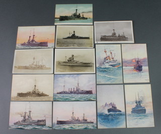 F G Stewart, a coloured postcard HMS Dreadnought, 6 Turk's coloured postcards of war ships, 7 other postcards of war ships 