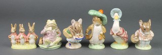 Six Royal Albert Beatrix Potter figures - Flopsy Mopsy and Cottontail 3", Jeremy Fisher 3", Appley Dapply 3", Mrs Tittlemouse 3", Jemima Puddleduck 3 1/2" and Benjamin Bunny 3 1/2" 