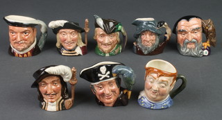 Eight miniature Royal Doulton character jugs - Henry VIII, Long John Silver, Rip Van Winkle, Robin Hood, Merlin, Aramis, Athos and Fat Boy 