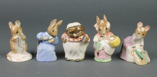 Five Royal Albert Beatrix Potter figures - Mrs Tiggy Winkle, Cottontail, Hunca Munca Sweeping, Mrs Rabbit and No More Twist