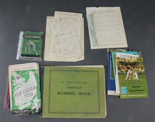 A collection of cricketing ephemera including Plaistow Cricket Club score book 1950's, a minute book from the 1937/38 season etc 