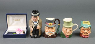 A Royal Doulton character jug of a seated Sir Winston Churchill 3 3/4", 3 other character jugs and a Coalport brooch