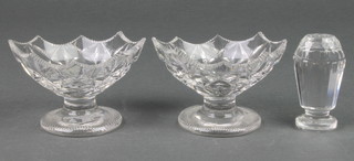 A 19th Century faceted glass hand seal, 2 cut glass elliptical table salts