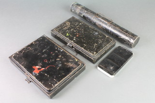 A Reeves vintage black paint box 9 1/2", a Winsor & Newton ditto 9 1/2", a small Japanned paint box 6" and a rectangular Japanned metal brush case 14" 