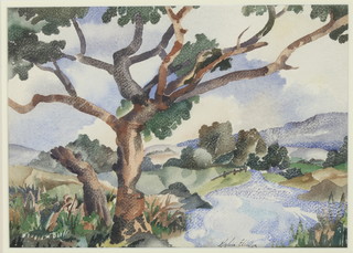 Sylvia Ellis '45, watercolour, a stylish pointillist style landscape, signed and dated 10 1/2" x 14 1/2" 