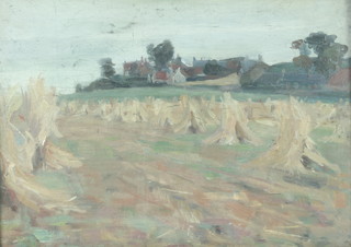 An early 20th Century oil on board, a stylish rural landscape with distant buildings, unsigned, 9 1/2" x 13 1/2" 