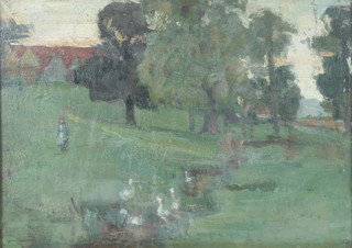 20th Century oil on board, a stylish landscape study with geese and figures and distant buildings, unsigned, 9 1/2" x 13 1/2" 