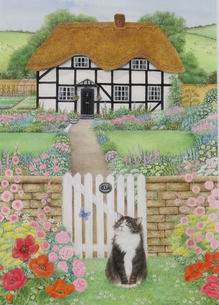Anne Mortimer, watercolour, a study of a cat sitting before a garden gate with a thatched cottage and distant sheep, signed 7" x 4 3/4" 