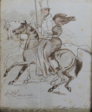 19th Century pen and wash, a horse riding study, indistinctly monogrammed and dated 1856, 7 1/2" x 6" 