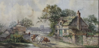 An Edwardian watercolour, a village lane with a lady and cattle, unsigned 13" x 27" 