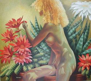 Malcolm Morris, acrylic on canvas, a study of a naked lady before exotic flowers, signed, 41" x 47" 