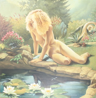 Malcolm Morris, acrylic on canvas, study of a naked lady sitting beside a pond, signed 36" x 36" 