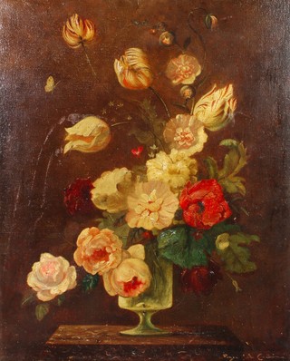 A still life oil painting on canvas, study of a glass vase of spring flowers indistinctly signed 21 1/2" x 17 1/2" 