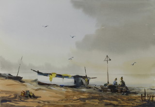 Sydney Vale, watercolour, a study of fishing boats on a beach with figures, signed, 13 1/2" x 19 1/2" 