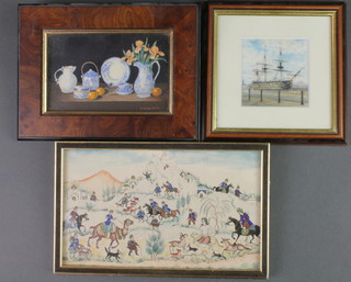 B Clark Arms, watercolour, a miniature still life study of blue and white china, flowers and fruit 3" x 5", John Weeks, watercolour, HMS Victory at Portsmouth 2 1/2" x 2 1/2" and a Persian watercolour of a landscape with figures 4 1/2" x 7 1/2" 