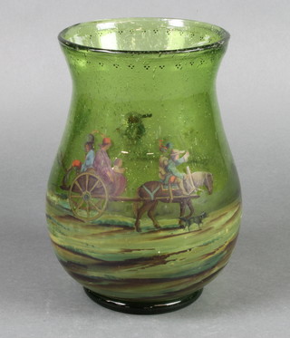 A 19th Century Continental soda glass baluster vase decorated with figures in a cart in an extensive country landscape 9 1/2" 