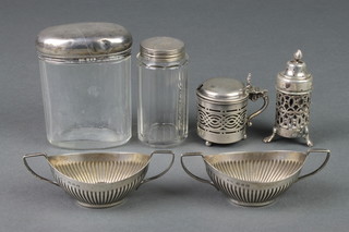 A pair of Victorian silver boat shaped table salts, Birmingham 1899, 2 mounted bottles, a salt and pepper, 130 grams