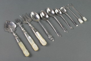 3 mother of pearl handled silver forks and spoons and 7 others
