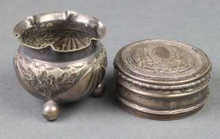 A 19th Century Continental circular silver box with mirrored lid 1 1/2", a table salt